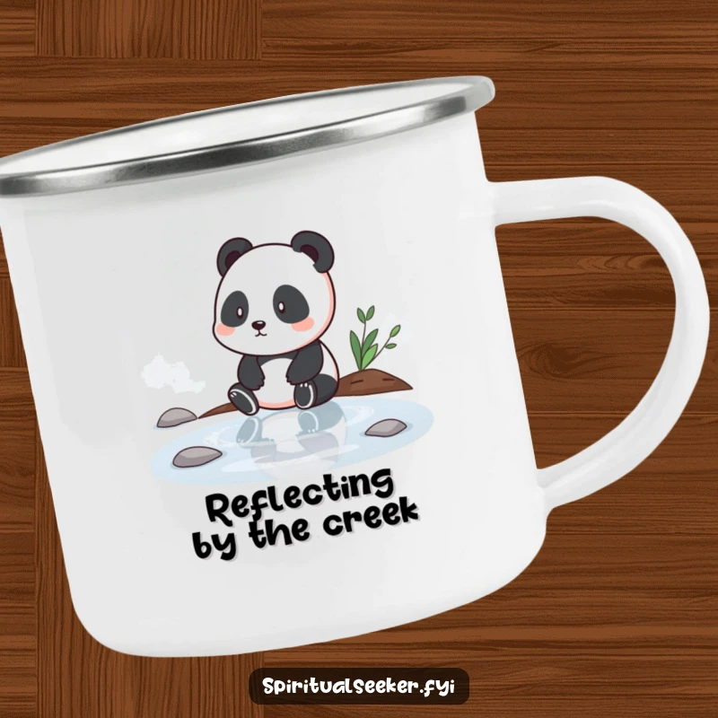 Funny enamel camping mug with a contemplative panda by tranquil water, perfect for outdoor sipping and peaceful moments, a great funny gift.