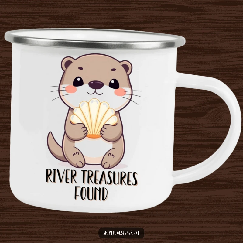 Funny playful otter camping mug, featuring an otter holding a seashell, perfect for enjoying hot beverages during outdoor adventures with humor.