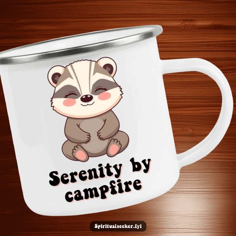 Funny Badger Camping Mug: A meditating badger with a peaceful smile, perfect for humorous outdoor relaxation.