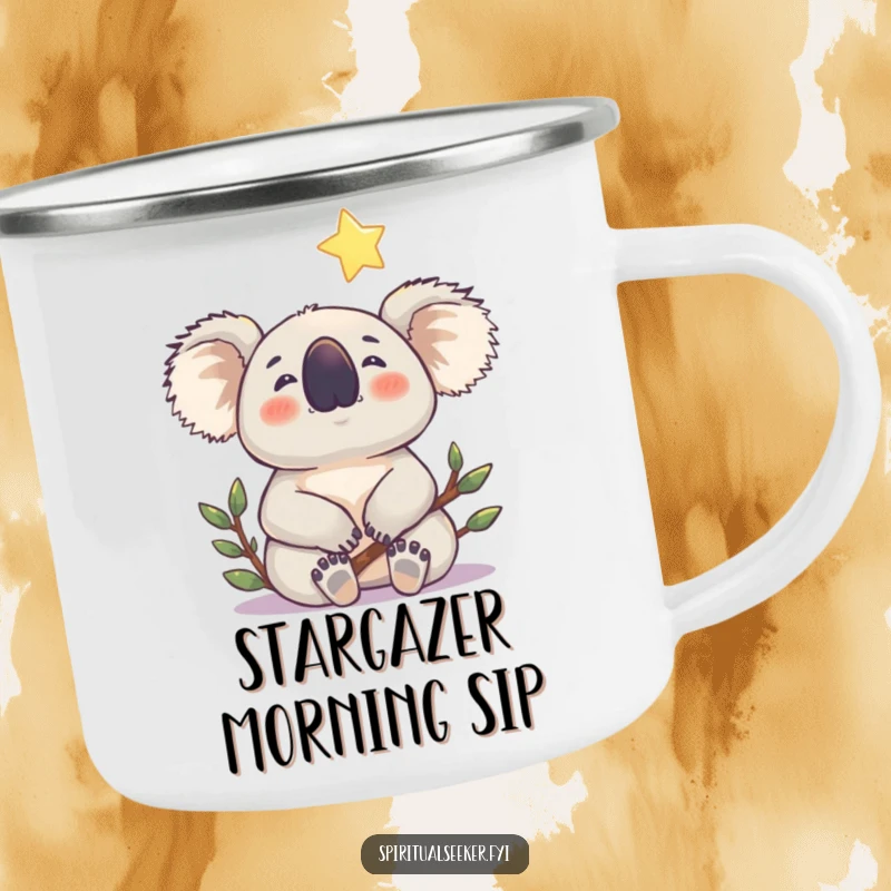 Funny koala camping mug with a contented koala gazing at a gentle, shining star, perfect for outdoor humor.