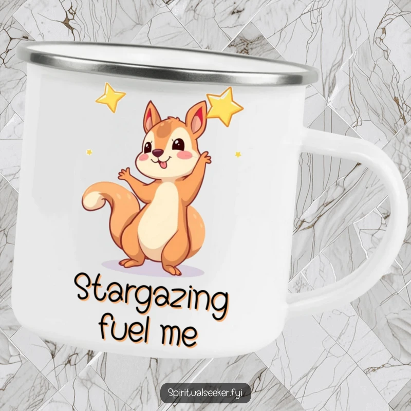 Funny Camping Mug: A playful squirrel reaching towards a shimmering star, perfect for outdoor enthusiasts.