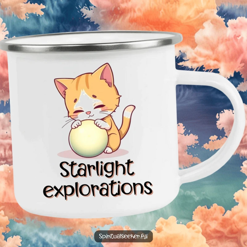 Funny enamel camping mug featuring a curious cat investigating a glowing mystical orb, great for outdoor magic.