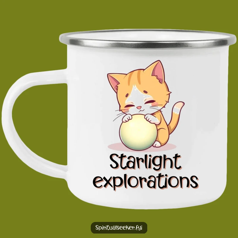 Funny Curious Cat Camping Mug: Mystical Orb Cup, Outdoor Humor Gift