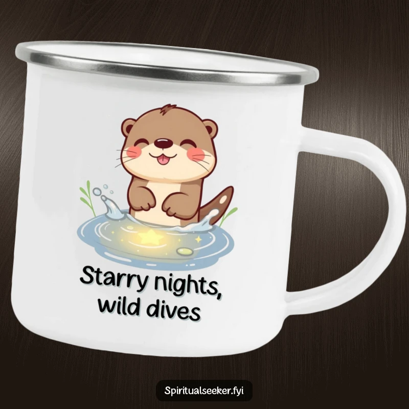 Funny Otter Camping Mug: A playful otter splashing in starlit water, perfect for humorous outdoor beverage enjoyment.