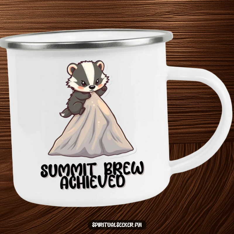 Funny determined badger camping mug with a character climbing a small, sparkling mountain peak, ideal for adventurous and humorous moments.