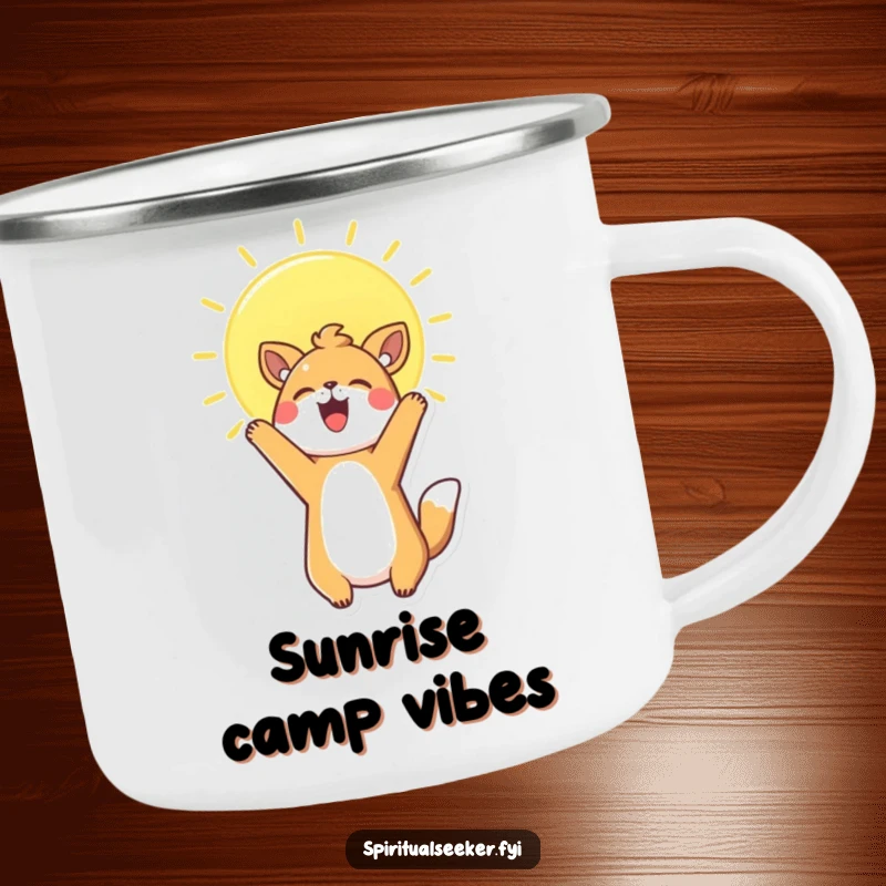 Funny Camping Mug featuring a cheerful Kawaii animal reaching for a sun, perfect for hot or cold drinks on the go.