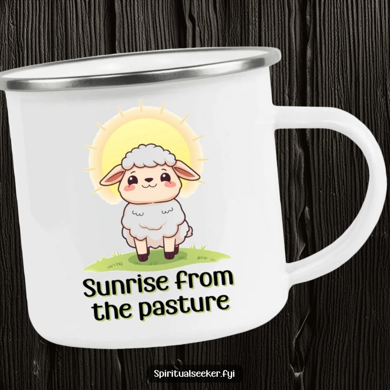 Funny enamel camping mug featuring a hopeful sheep character welcoming a radiant dawn, perfect for outdoor enthusiasts.