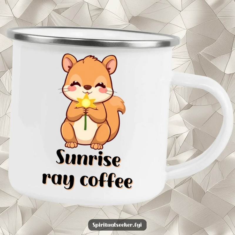 Funny squirrel camping mug with a cute squirrel holding a soft, golden ray, perfect for outdoor humor.
