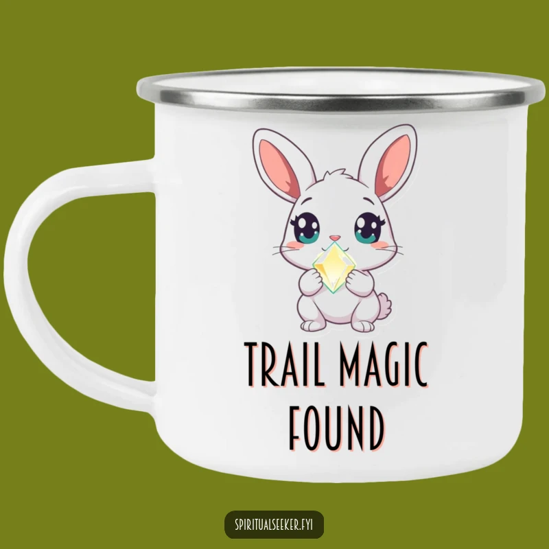 Funny Curious Rabbit Camping Mug: Crystal Magic on the Trail, Perfect Funny Gift