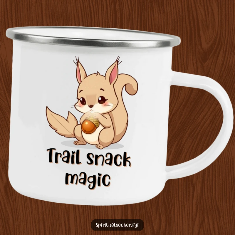 Funny squirrel camping mug with a curious squirrel admiring a magical acorn. Durable and adventurous.