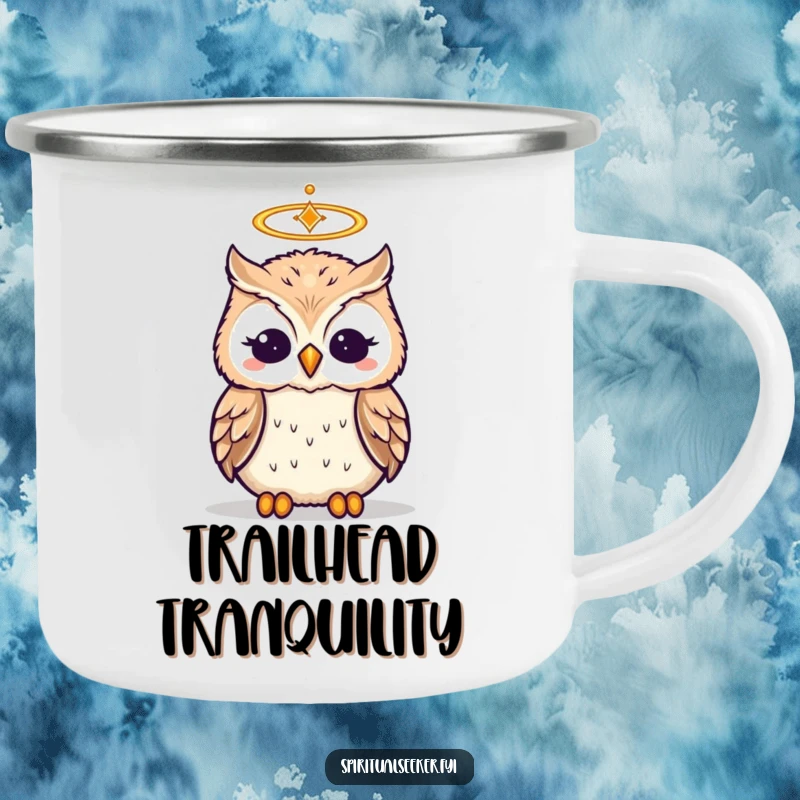 Funny enamel camping mug featuring a wise meditating owl with a halo, perfect for outdoor humor.