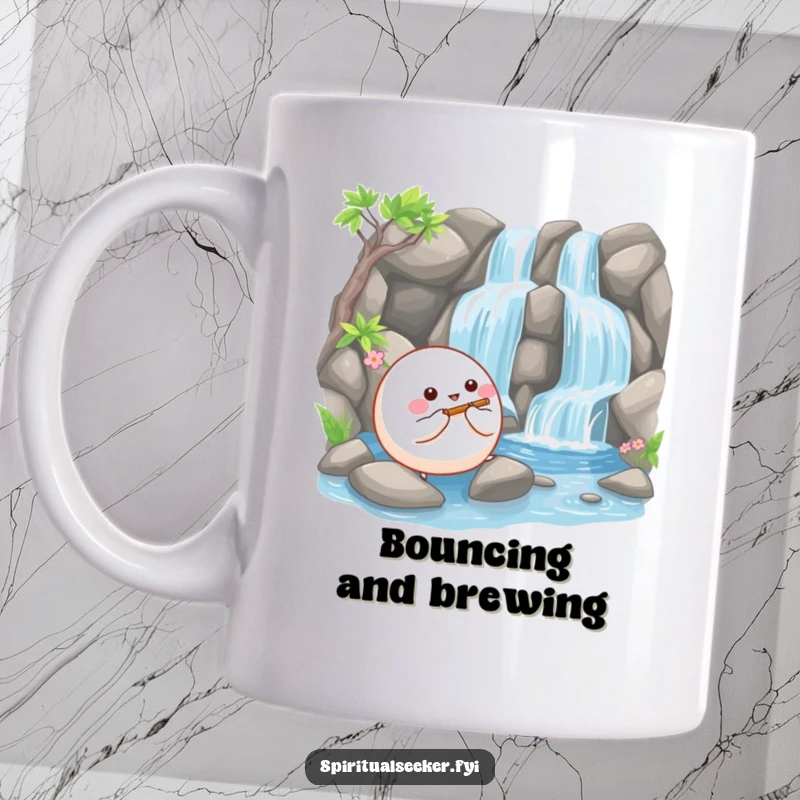 Funny mug showing a happy, bouncy ball creature playing a tiny flute beside a serene waterfall, exuding peace and joy.