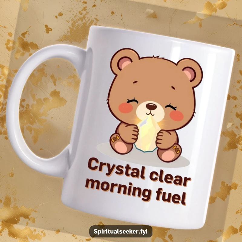 Funny bear cub mug with a peaceful cub holding a tiny, glowing crystal, a heartwarming and humorous scene.
