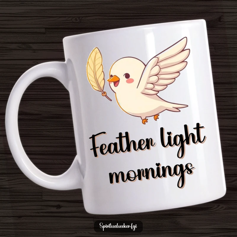 Funny bird mug featuring a joyful bird soaring gracefully with a shimmering feather, a humorous and uplifting image.
