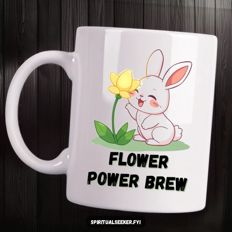 Funny joyful rabbit mug, happily sniffing a luminous flower, embodying garden delight and cheerful innocence. Ideal for your favorite hot beverage.