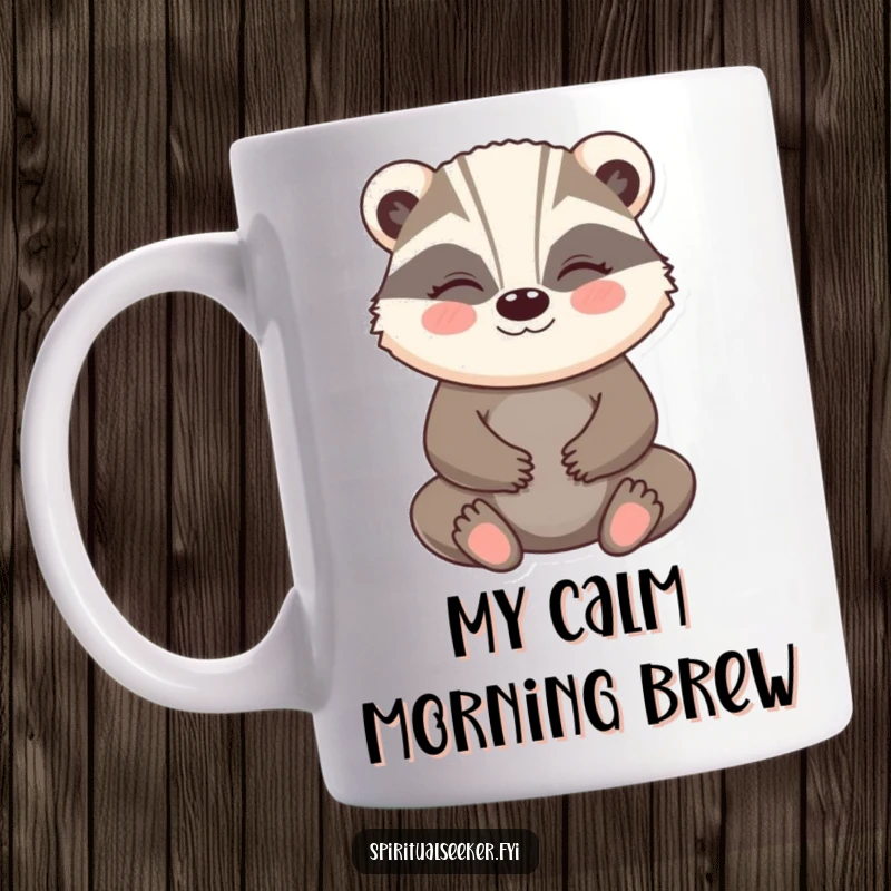 Funny Badger Mug: A happy badger meditating with a peaceful smile, embodying humorous serenity and calm.