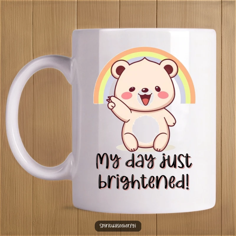 Funny mug: A happy bear joyfully points towards a bright, colorful rainbow in the sky.