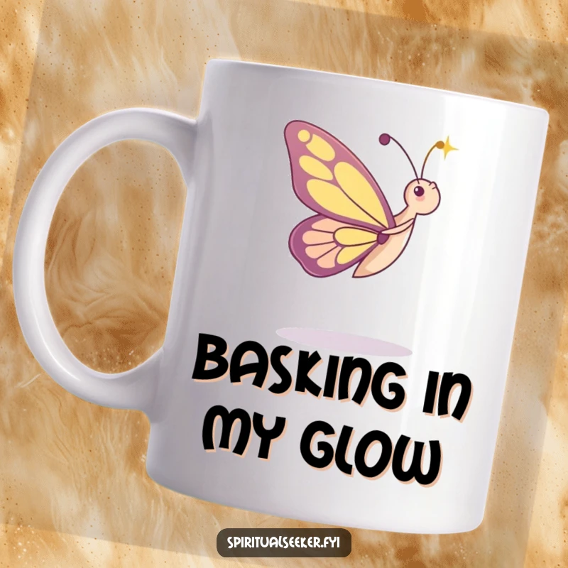 Funny mug with a dancing butterfly character joyfully admiring a bright beam of light, symbolizing grace and wonder.