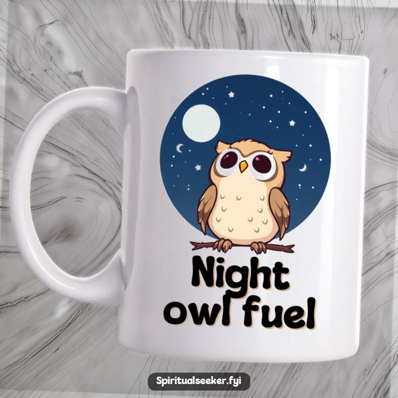 Funny calm owl mug featuring a character gazing at a starry night sky with wonder, embodying peaceful curiosity and humor.