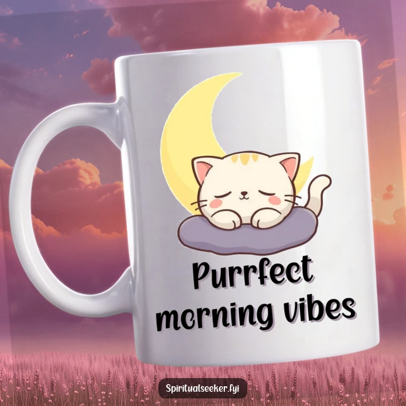 Funny cat mug featuring a contented cat basking serenely in the soft glow of a crescent moon. Relaxing and cute.