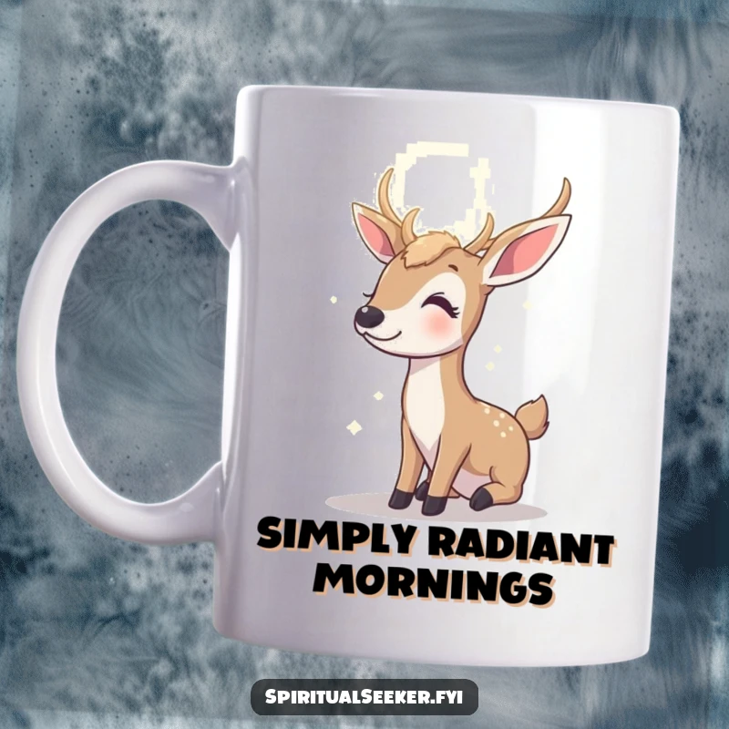 Funny contented deer mug, a peaceful deer gazing at a bright, distant light, embodying hope and gentle humor.