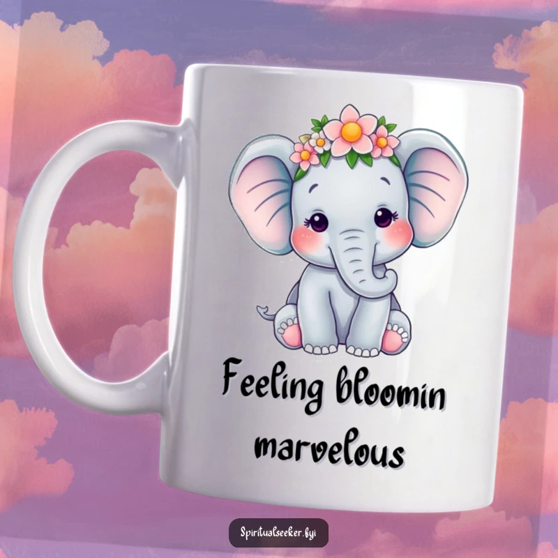 Funny ceramic mug featuring a serene elephant wearing a flower crown, radiating peace and gentle joy, a perfect funny gift.