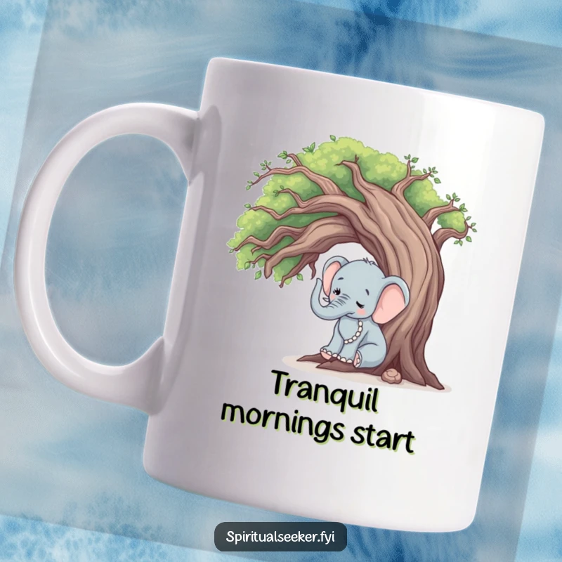 Funny elephant tree hugger mug, a peaceful elephant gently touching an old tree, symbolizing nature and connection.