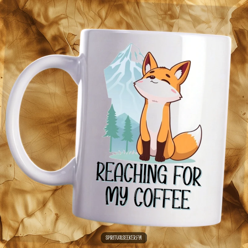 Funny Fox Mug: A determined fox stretching towards a distant mountain peak, symbolizing humorous ambition and goals.