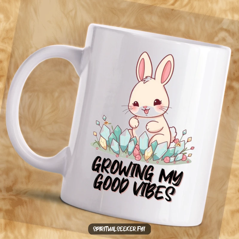 Funny rabbit mug showing a happy bunny tending a garden filled with sparkling, tiny crystals.