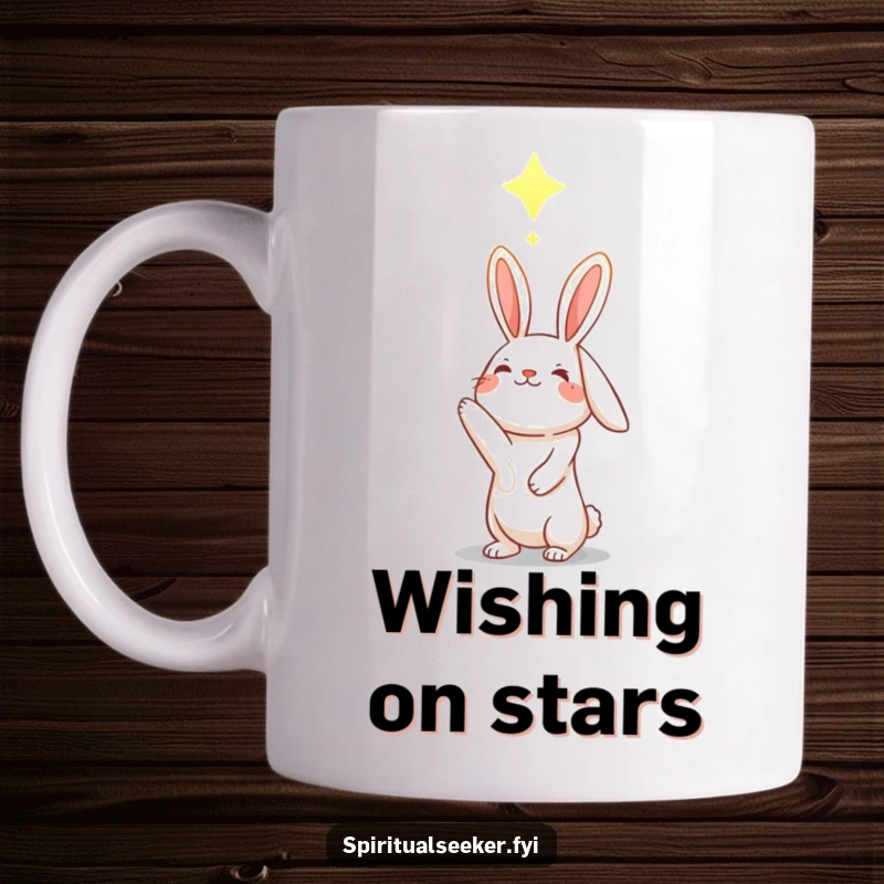 Funny hopeful rabbit mug, reaching for glowing constellation, symbolizing dreams and aspirations. Perfect for morning coffee.