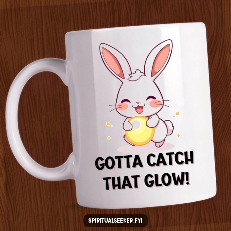 Funny joyful rabbit mug, a bunny with perked ears gleefully chasing a glowing orb, capturing pure delight and humor.