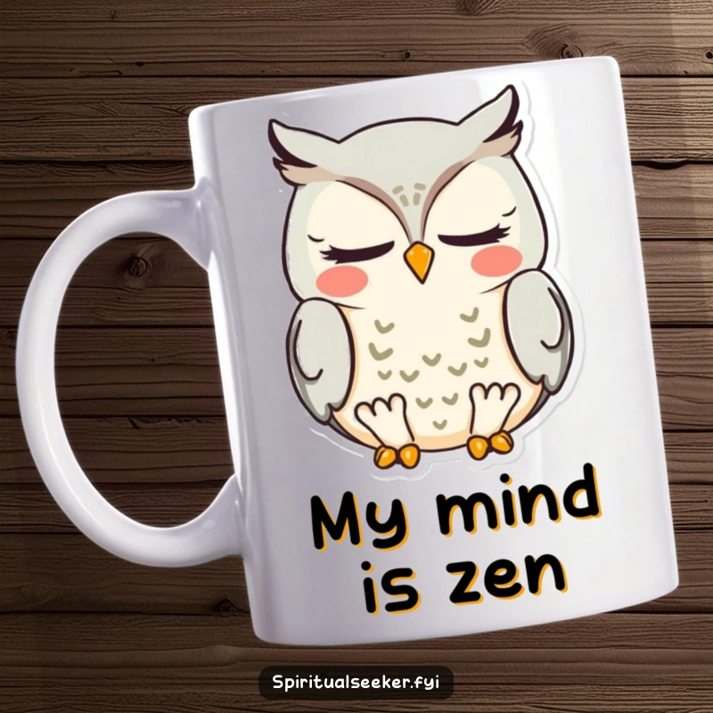 Funny meditating owl mug, eyes closed in bliss, smiling peacefully, a symbol of inner calm and humor.