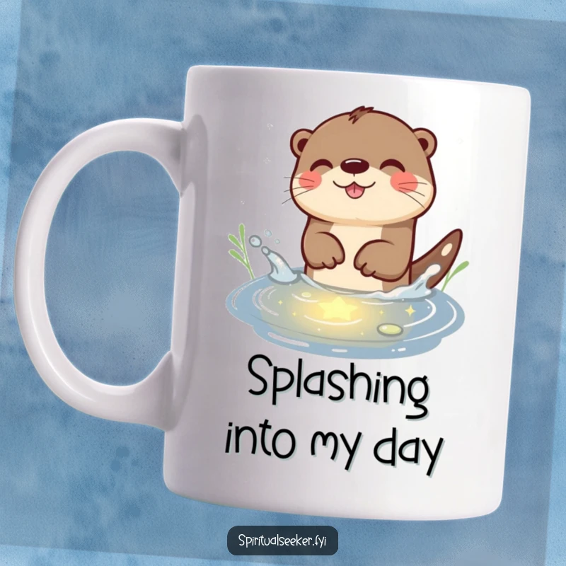 Funny Otter Mug: A playful otter joyfully splashing in a pond reflecting starlight, embodying pure, humorous delight.