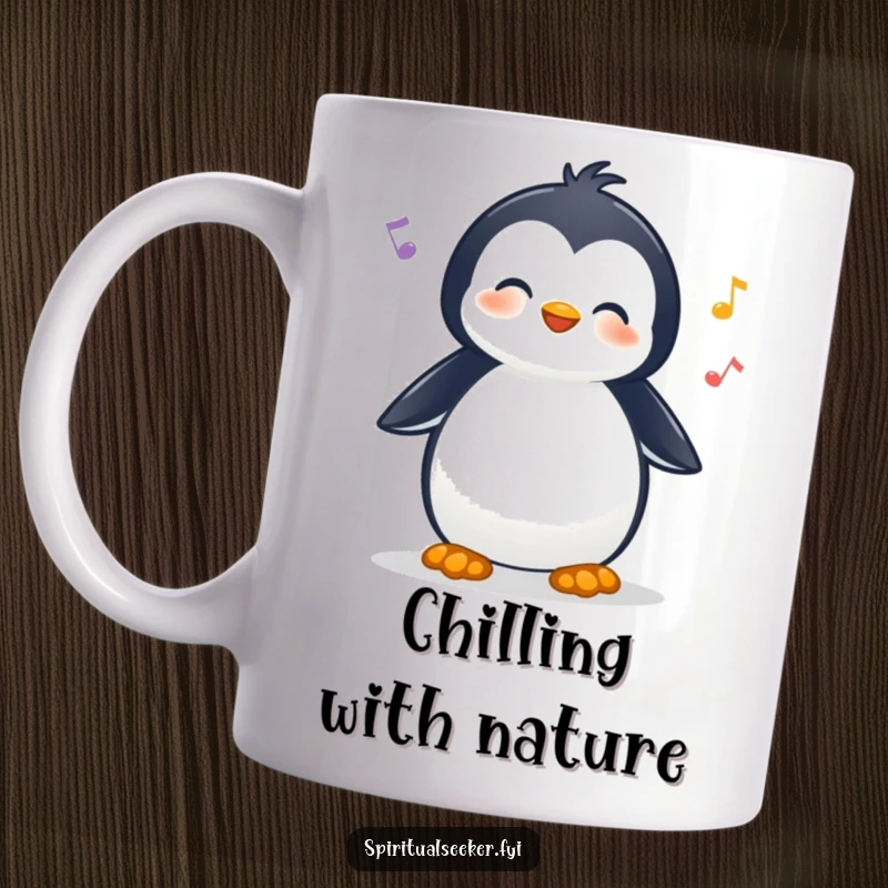 Funny mug with a cheerful penguin character relaxing and listening intently to nature sounds, radiating peace.