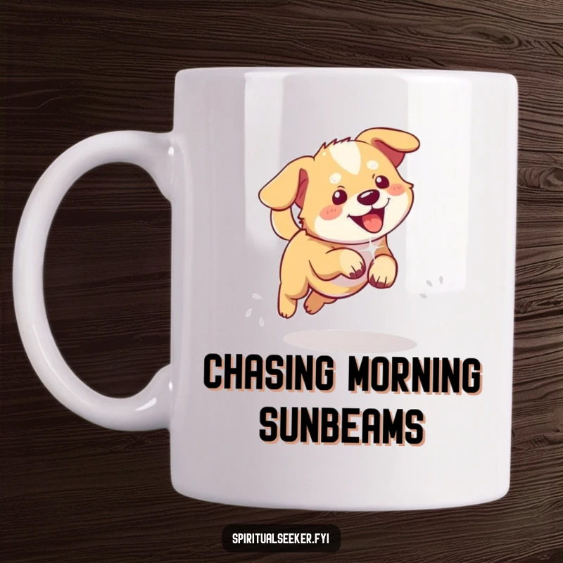 Funny dog mug depicting a playful pup excitedly chasing a shimmering, ethereal light with pure joy.