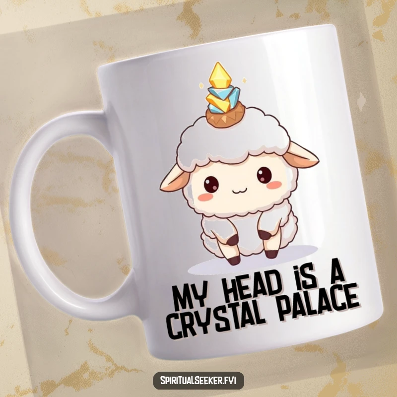 Funny Sheep Mug: Adorable character balancing glowing crystals on head, radiating peaceful, humorous energy.