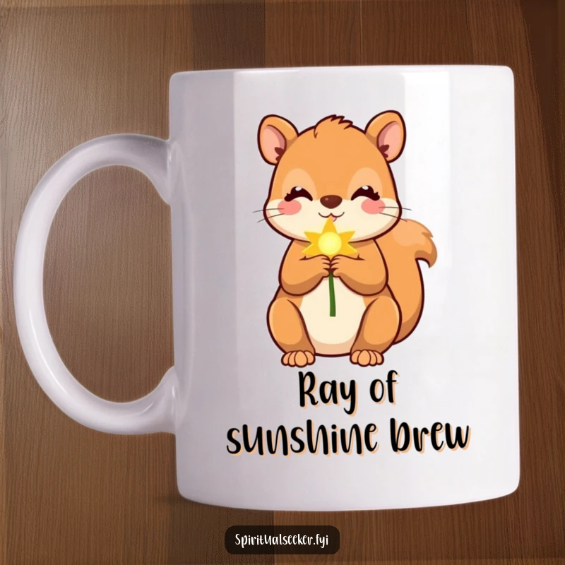 Funny squirrel mug with a cute squirrel holding a soft, golden ray of sunshine, a humorous and heartwarming scene.