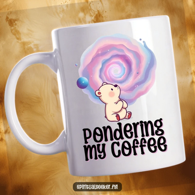 Funny bear mug showing a thoughtful bear gazing up at a swirling, colorful nebula in space.
