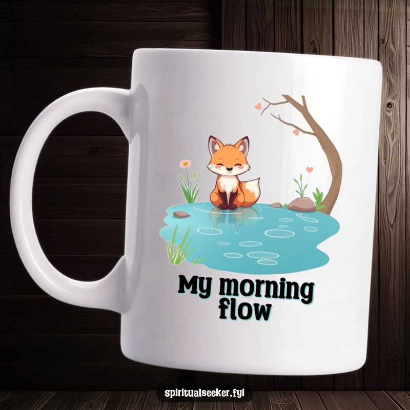 Funny tranquil fox mug, sitting by crystal-clear stream, serene expression, conveying peace and nature's calm.