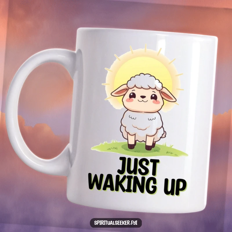 Funny mug featuring a hopeful sheep character gazing towards a bright, radiant dawn, symbolizing new beginnings and optimism.