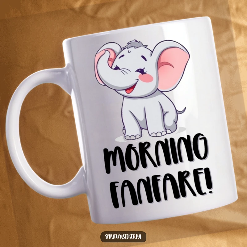 Funny mug featuring a jubilant elephant trumpeting loudly towards the sky, radiating pure happiness and energetic celebration.