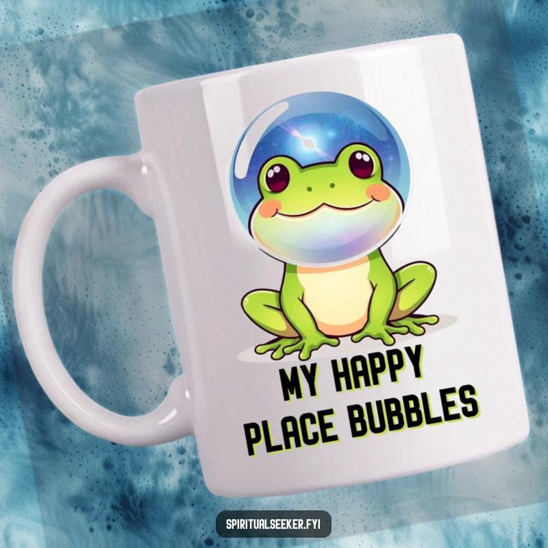 Funny frog mug with a happy amphibian blowing a bubble that beautifully reflects a miniature galaxy, embodying joy and cosmic wonder.