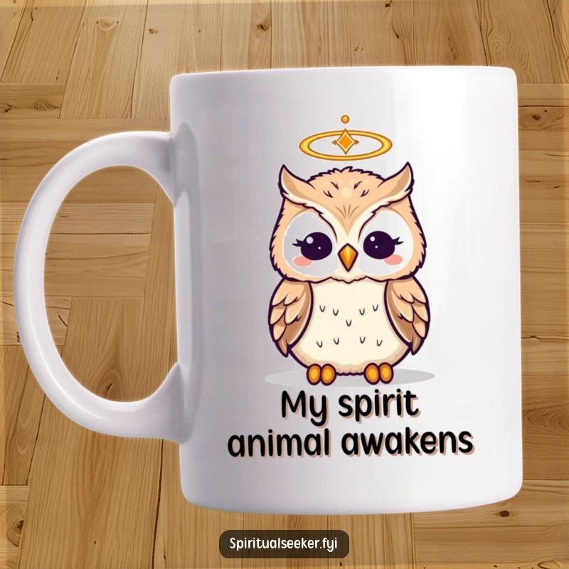 Funny Owl Mug featuring a wise bird with a tiny halo meditating peacefully, radiating calm and humor.