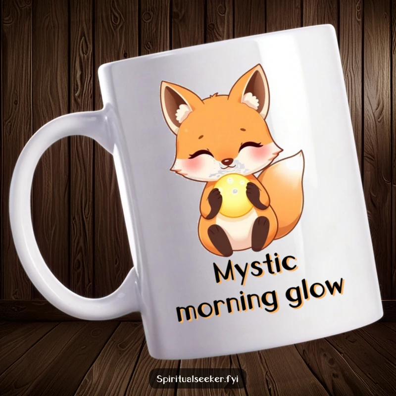 Funny Mug: A kawaii fox with a serene expression, gently holding a brightly glowing orb, exuding gentle magic.