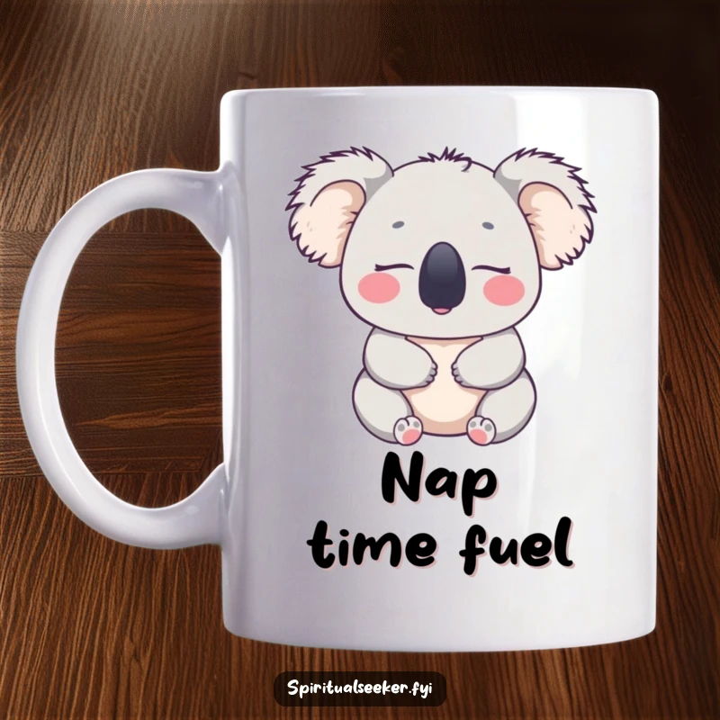 Funny ceramic mug featuring a peaceful koala with closed eyes, looking utterly content and relaxed, a perfect funny gift.