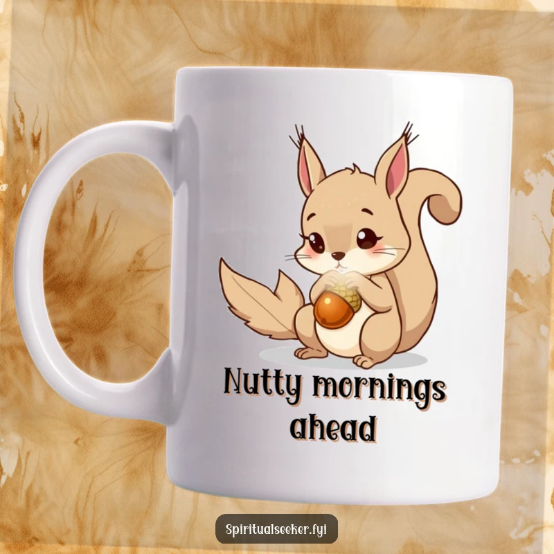 Funny squirrel mug showing a curious squirrel captivated by a luminous, magical acorn. Perfect for nut lovers.