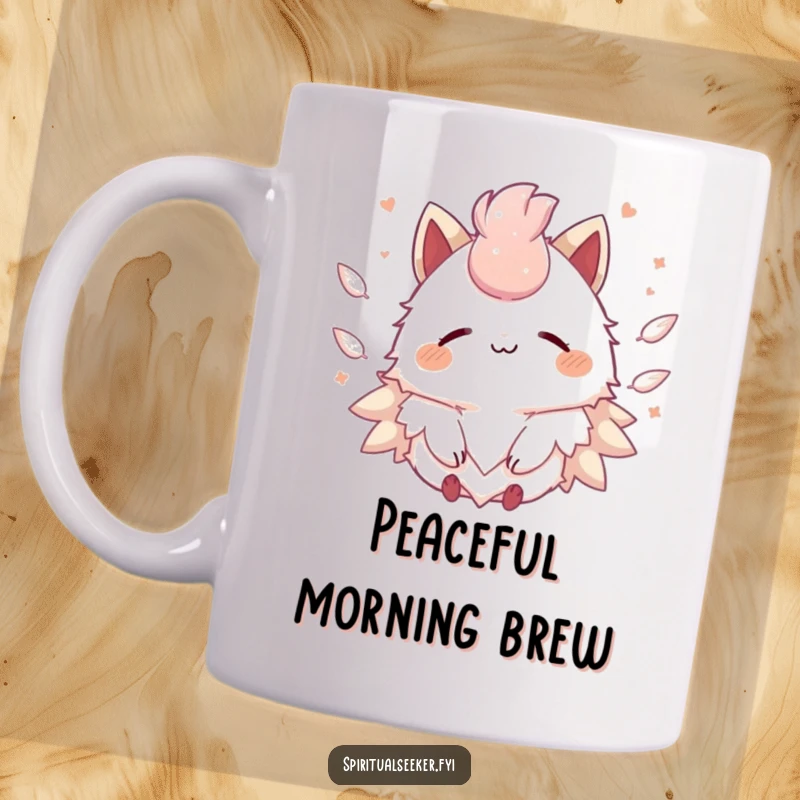 Funny Kawaii creature mug with a serene smile, gently surrounded by soft, floating feathers, embodying tranquility and peace.