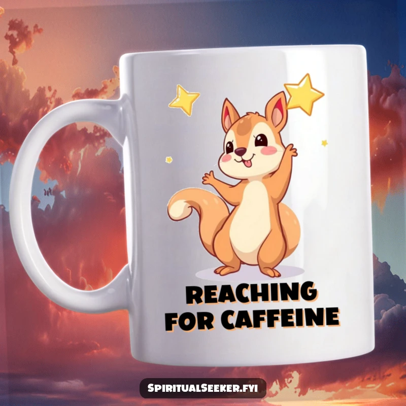 Funny Mug: A playful squirrel reaching out with its paw towards a twinkling, shimmering star illustration.