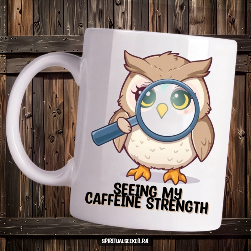 Funny owl mug with a curious bird peering through a magnifying glass at a shimmering aura, symbolizing keen observation and mystical humor.