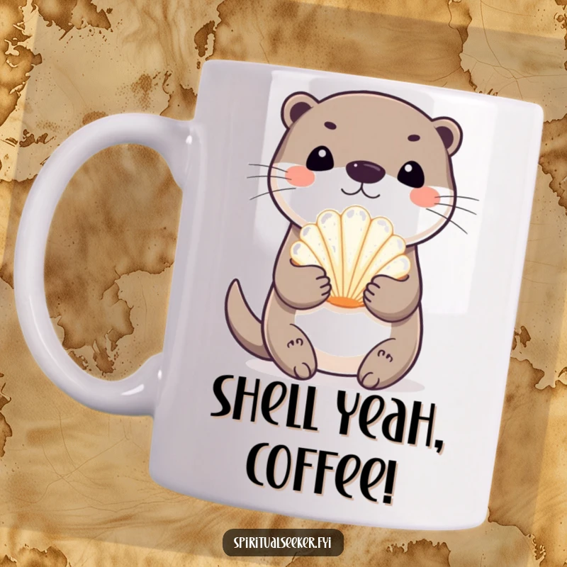 Funny playful otter mug, happily holding a radiant seashell, embodying aquatic joy and playful mischief. Ideal for any beverage.